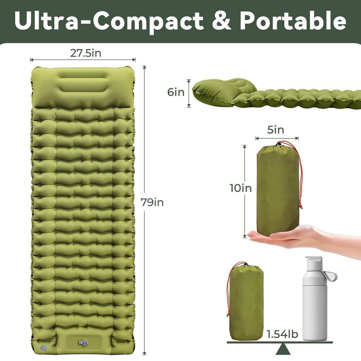 RusChic Sleeping Pad for Camping, Built-in Foot Pump with Pillow