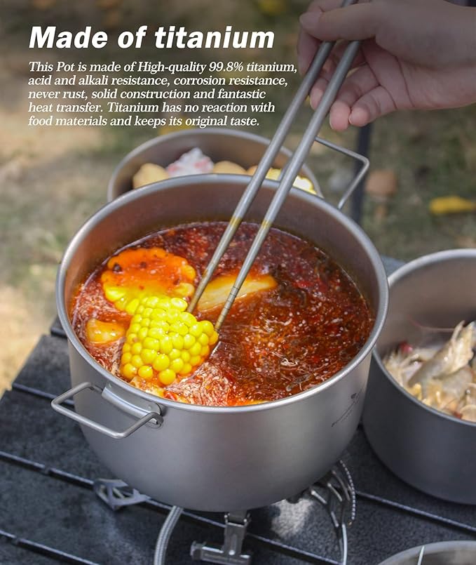 iBasingo 2.4L Titanium Soup Pot with Lid Camping Cookware with Foldable Handle Portable Lightweight