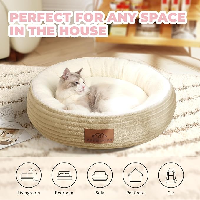 20in Camel Round Cat Dog Bed Gift for Large Medium Small Dogs Cats, Machine Washable Sleeping Sofa
