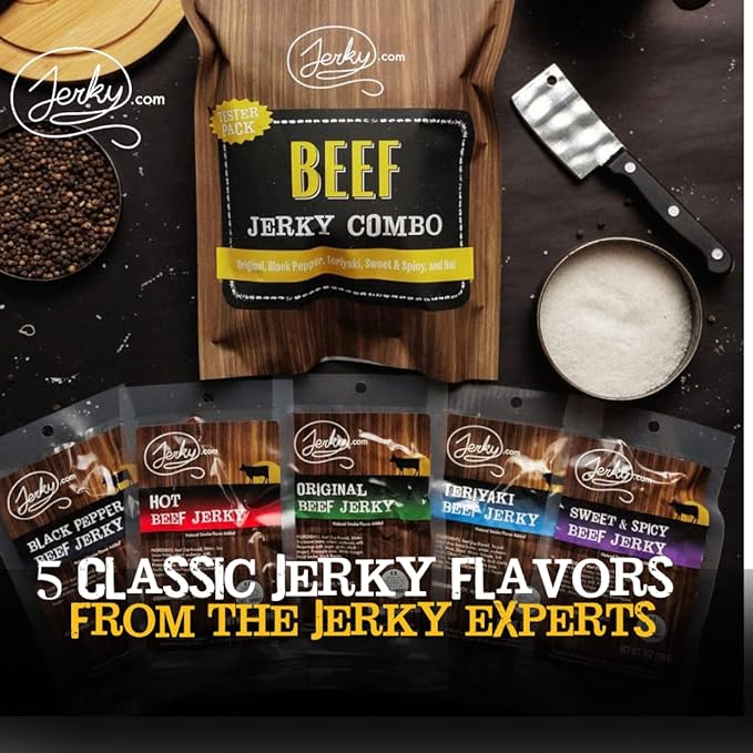 Jerky.com Beef Jerky Sampler Pack – 5 Flavors (Original, Black Pepper, Teriyaki, Sweet & Spicy