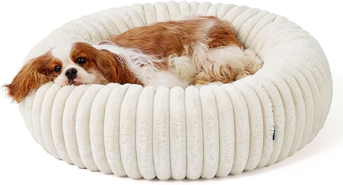 Bedsure Donut Medium Dog Bed - Washable Faux Fur with Corduroy Fleece & Anti Slip Bottom, Round Pet