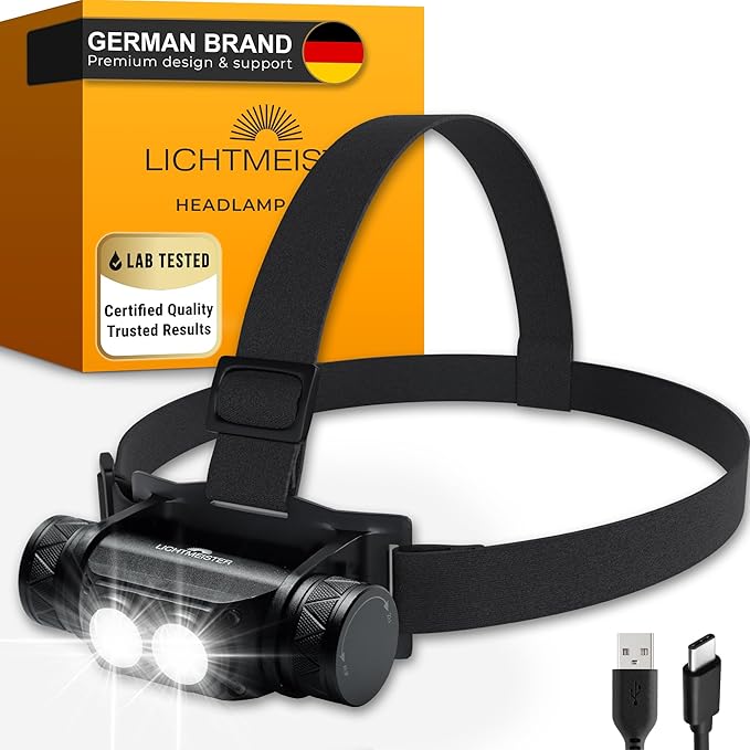 LICHTMEISTER® Headlamp - 1000 Lumens, 3600 mAh Battery, Aluminium Housing - Headlamp Rechargeable