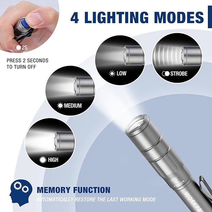WORKPRO Rechargeable Pen Light, Mini Flashlight, 2 Pack Ultra-Compact EDC Flashlight, Pocket