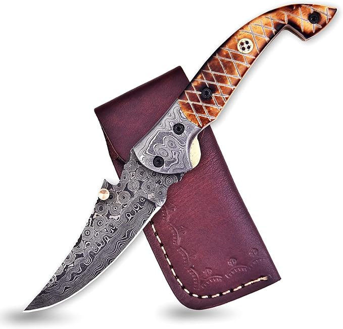 Handmade Damascus Folding Knife for Men with Burn Bone, 7.5 inch Pocket Knife with Sheath,Tactical