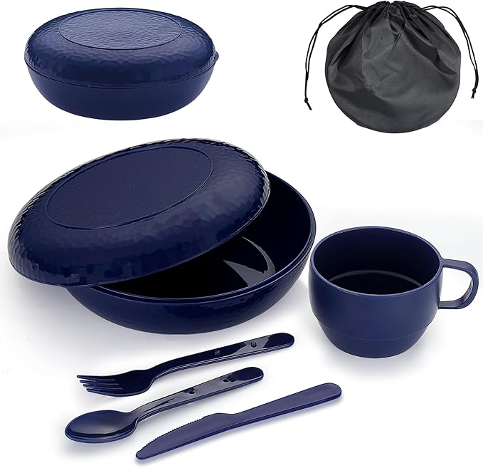 Evanda Camping Mess Kit with Bowl, Plate, Cup, Spoon, Fork, Knife and Carry Bag, Reusable Camping