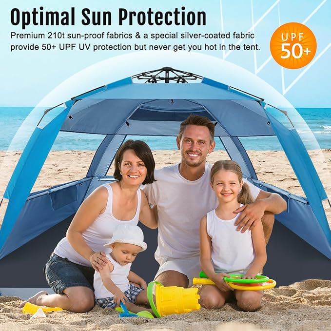 WhiteFang Deluxe Pop Up Beach Tent Sun Shade Shelter for 3-4/5-6 Person, UV Protection, Extendable