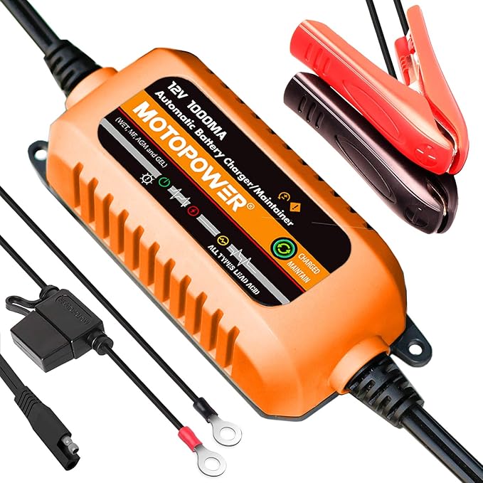MOTOPOWER 12V 1000mA Automatic Charger - Battery Maintenance - Maintain Charger and Battery