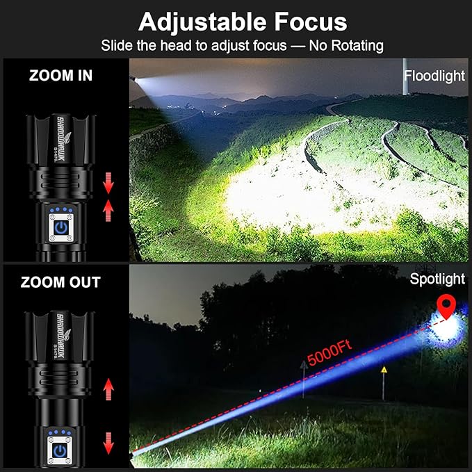 Flashlight 2000 High Lumens Rechargeable - 30W Super Bright LED Flash Light | 5000ft Beam & 12H