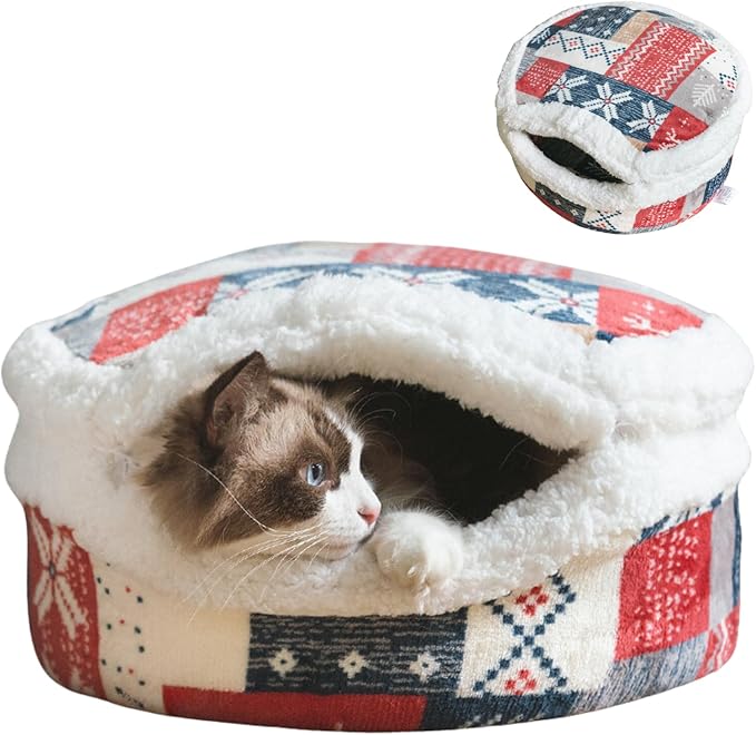 Cat Cave Bed ??Plush, Warm & Calming Hideaway with Detachable Lid & Mat, Covered House for Indoor
