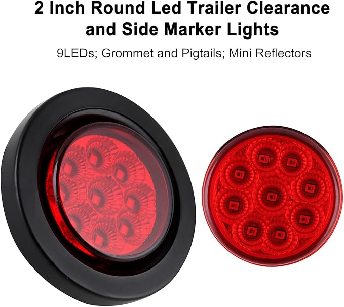 10Pcs 2 Inch Round Red LED Marker Lights 9 LED w/Reflectors, Multi Faceted 2 Inch Led Side Marker
