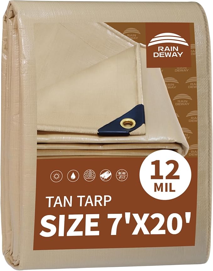 RAINDEWAY 7x20 Feet Heavy Duty Tarp,12 Mil Tan Waterproof Poly Tarp Cover,UV