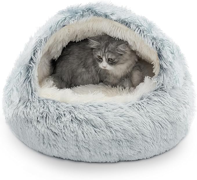 CATISM Cozy Cat Pod - Plush Hooded Cat Bed Cave, Self Warming, Removable Washable with Non-Slip