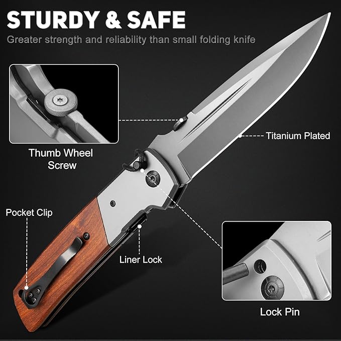 NedFoss DA52 Pocket Knife for Men, 5'' Large Folding Knife, 11'' Survival Knife with Rosewood