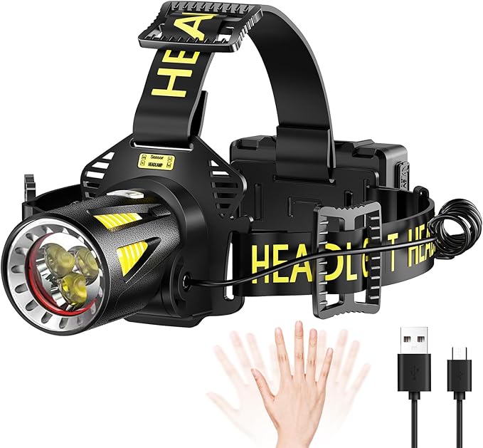MAXME100® Triple-Beam High-Power Rechargeable Headlamp 5700K with Motion Sensor, Rechargeable LED