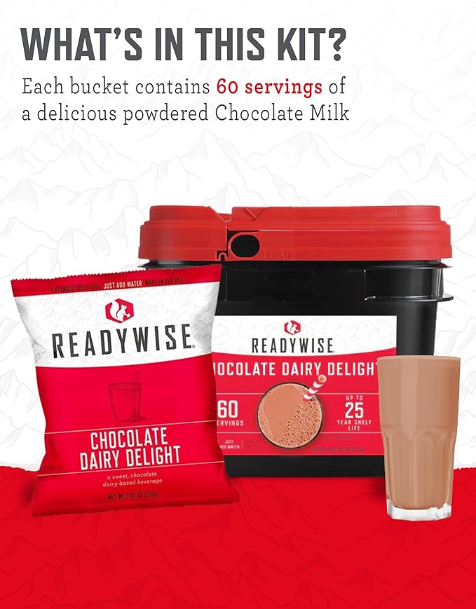 ReadyWise Whey Chocolate Powdered Milk Bucket - 60 Servings, Emergency Food Supply, Protein Camping