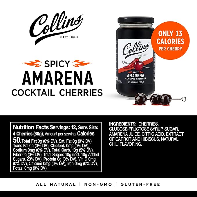 Collins Spicy Amarena Cherries in Syrup, Black Cherries for Old Fashioned or Manhattan, Cocktail