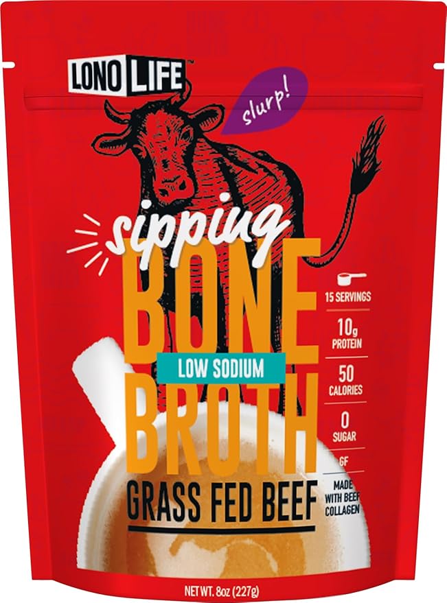 LonoLife Low Sodium Beef Bone Broth Powder Mix | Grass-Fed, 10g Protein | Collagen-Rich, Keto &