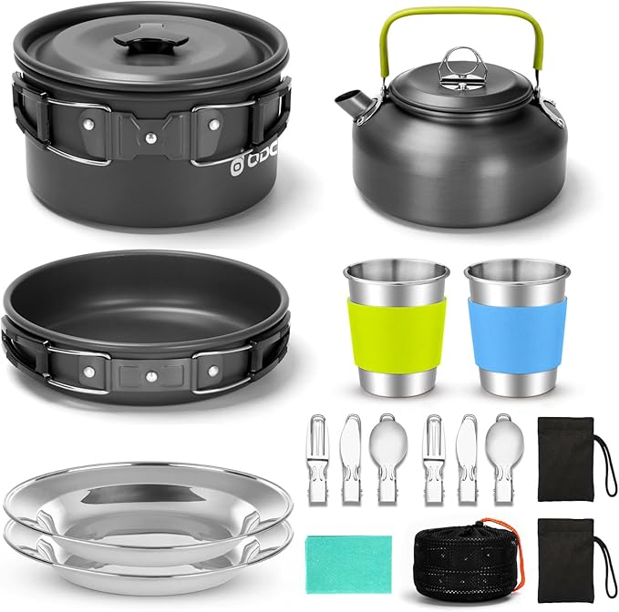 Odoland 15pcs Camping Cookware Mess Kit, Non-Stick Lightweight Pot Pan Kettle Set with Stainless