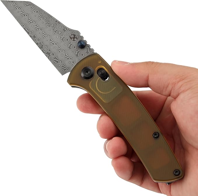KANSEPT Main Street Pocket Folding Knife, 3.36'' Damascus Sharp Blade, Yellow PEI Handle with Axis