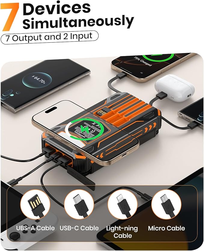 SOARAISE Solar Charger Power Bank - 48000mAh Wireless Portable Charger Built-in 4 Cables and 4