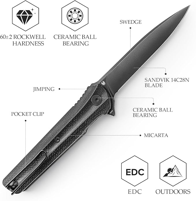 EDC Pocket Knife for Men,Folding Knives with Reversible Clip,Liner Lock 3.4'' Black PVD 14C28N