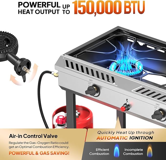 Bonnlo 2 Burner Propane Gas Stove with Auto Ignition, 150,000 BTU Portable Outdoor Camp Cooker