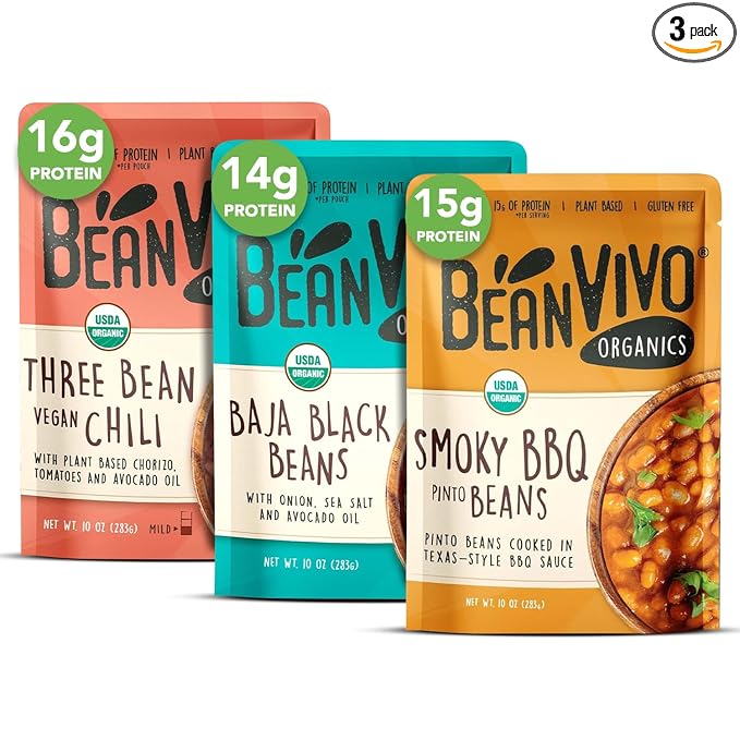 BeanVIVO - Variety 3 Pack (10 oz each) - Organic Baja Black Beans, Three Bean Vegan Chili, BBQ