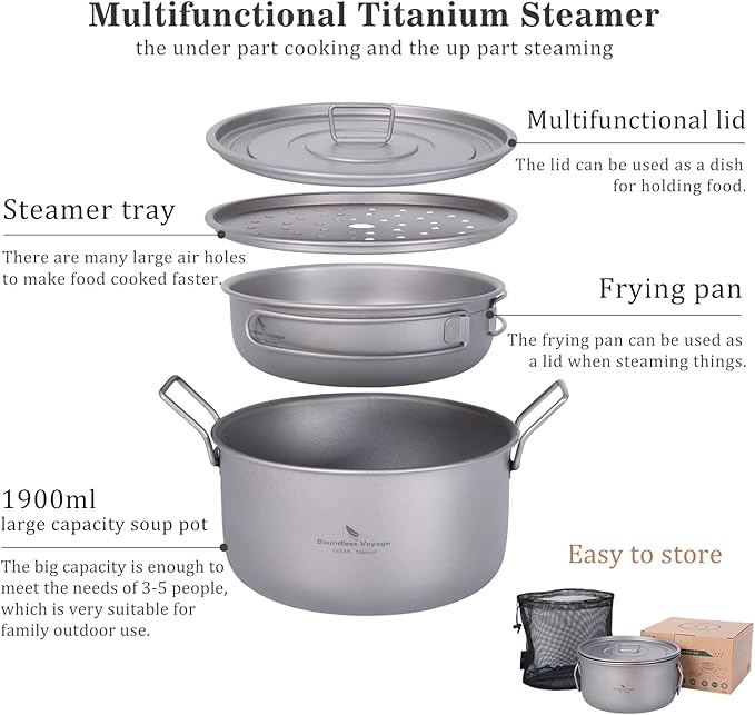 Boundless Voyage Multifunctional Titanium Steamer Pot with Frying Pan and Vented Lid Outdoor