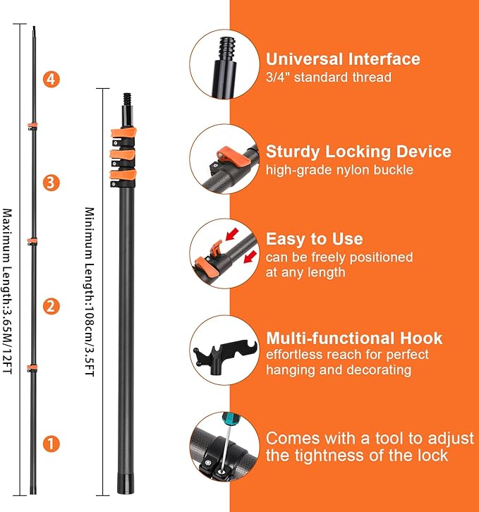 Carbon Fiber Christmas Light Hanging Pole 3.5-12FT, Telescopicing Light Hanging Pole with Utility