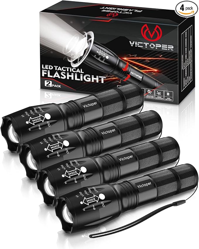 Victoper LED Flashlight 4 Pack, Bright Tactical Torch High Lumens with 5 Modes, Waterproof Zoomable