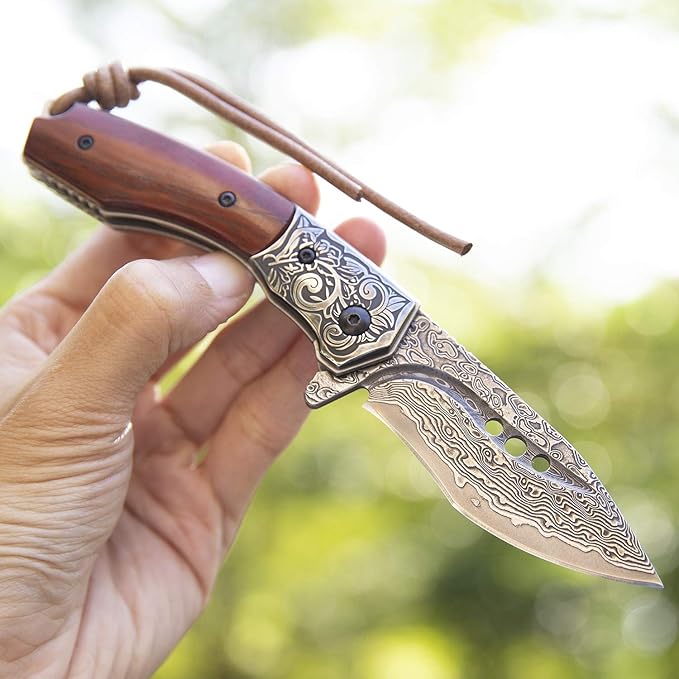 hand made damascus steel pocket knife, 3.1 inch outdoor folding knife, camping rosewood handle with