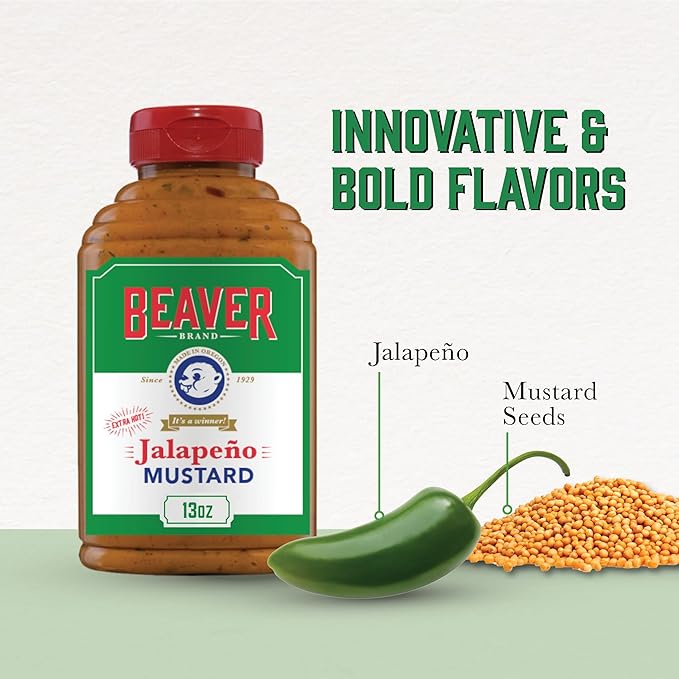 Beaver Extra Hot Jalapeno Mustard, 13 oz squeeze bottle