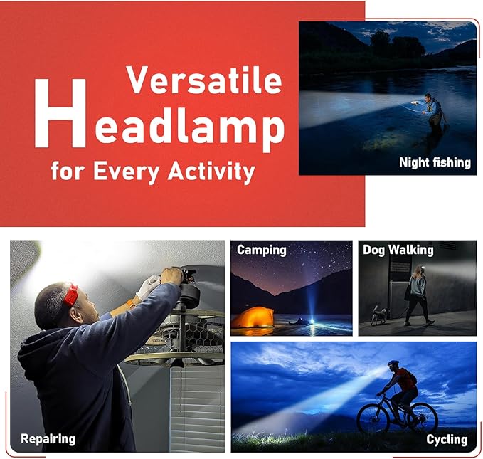 Rechargeable LED Headlamp (Red), 400 Lumens, 230° Wide Beam, USB-C, IPX4, 5 Modes ??Lightweight