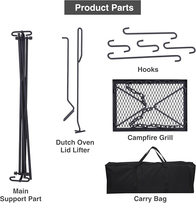 Lineslife Grill Swing Campfire Cooking Stand with Height Adjustable Iron Grill Grate, Collapsible