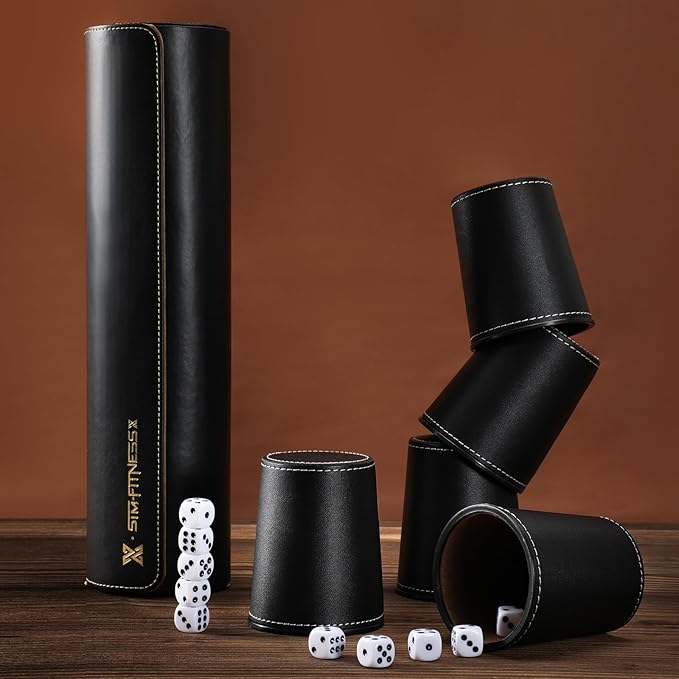 Leather Dice Cup Set, 5 Black Leather Dice Cups + 25 Dice + Exclusive Storage and Transport Case