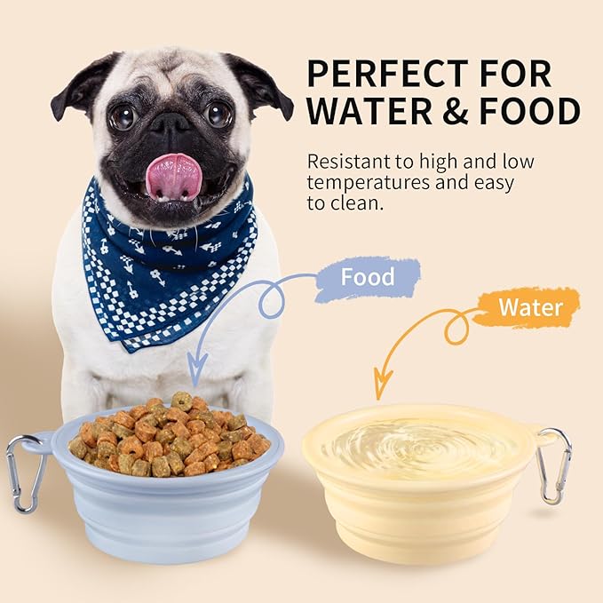 Collapsible Dog Bowls 2-Pack, Portable Travel Dog Bowl with Carabiner, Food-Grade Silicone Pet Bowl
