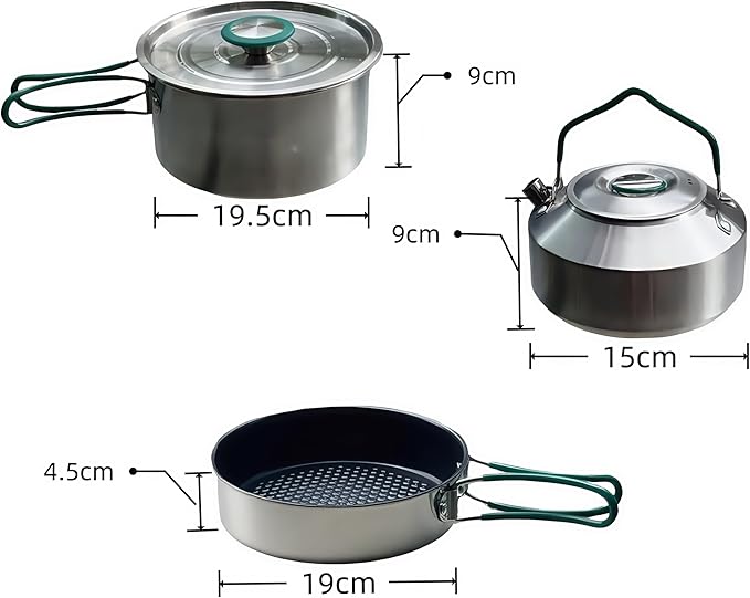 Stainless Steel Camping Cookware, durable, easy to clean, and quick to heat up. Compact camping
