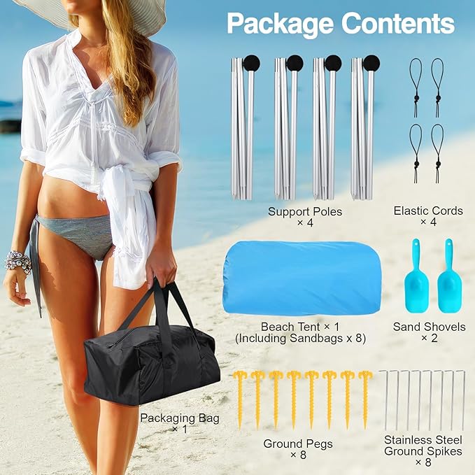 Rhino Valley Beach Tent Shade Canopy UPF50+ Protection, 8 Sandbags, 4 Stability Poles, Outdoor Sun