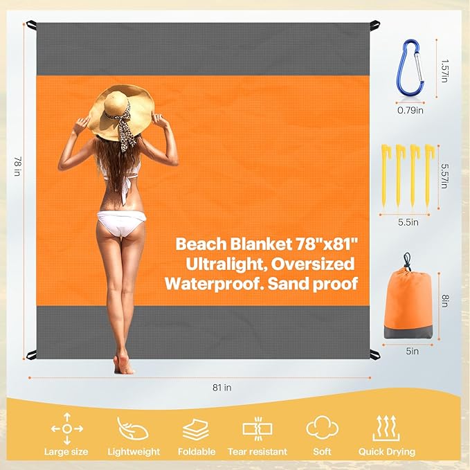 EASYFUN Beach Blanket Sandproof Oversized, 79''×83'' Extra Large Beach Mat, Portable Picnic Mat for