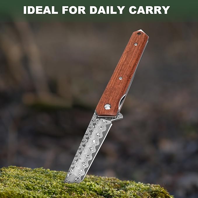 AUBEY Damascus Pocket Knife for Men, Sharp Tanto Blade with VG10 Core Folding Knives with Wooden