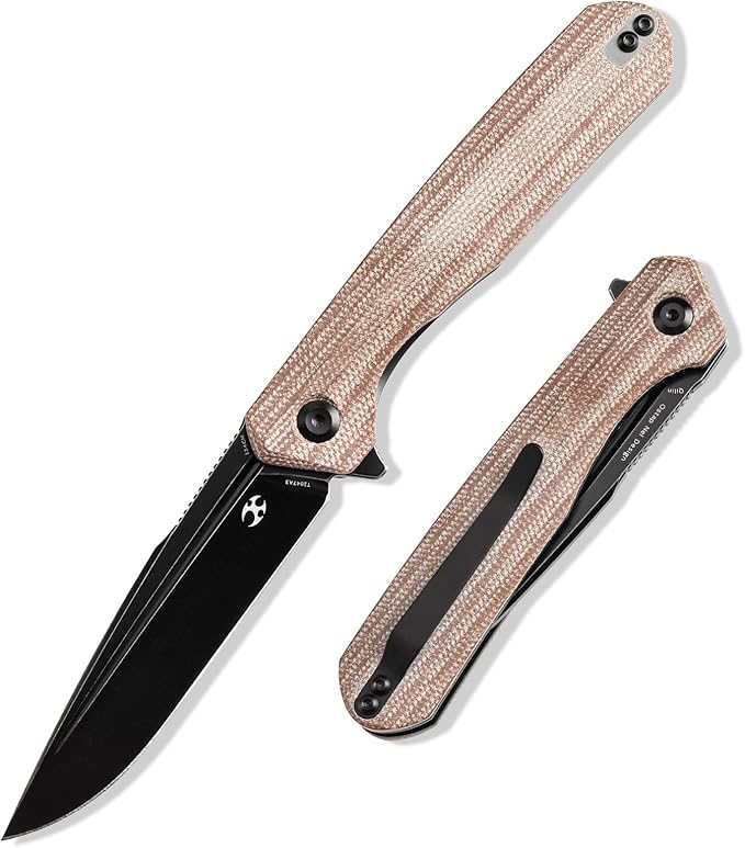 KANSEPT Qilin Pocket Knife, 3.24'' Blackwash 154CM Sharp Blade, Brown Micarta Handle for Edc