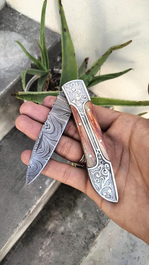 6.5 inch Damascus Pocket Knife with Sheath, Handmade Folding Pocket Knife for Men, Black-Red Wooden