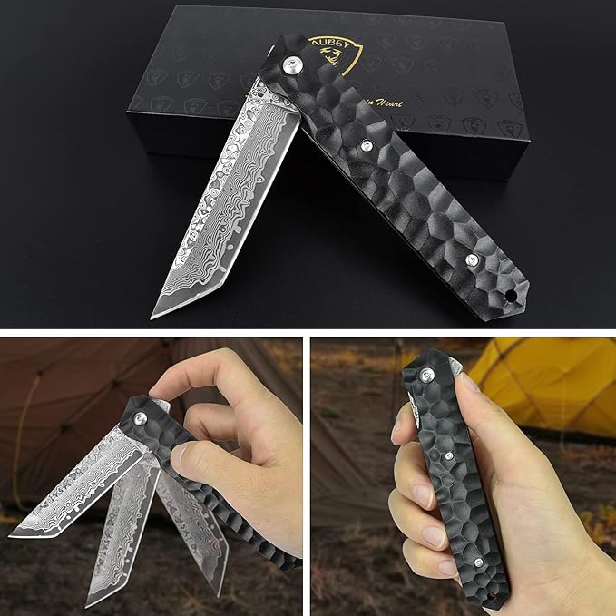 AUBEY Damascus Pocket Knife, Tanto VG10 Core Damascus Steel Folding Knives with Ball Bearing