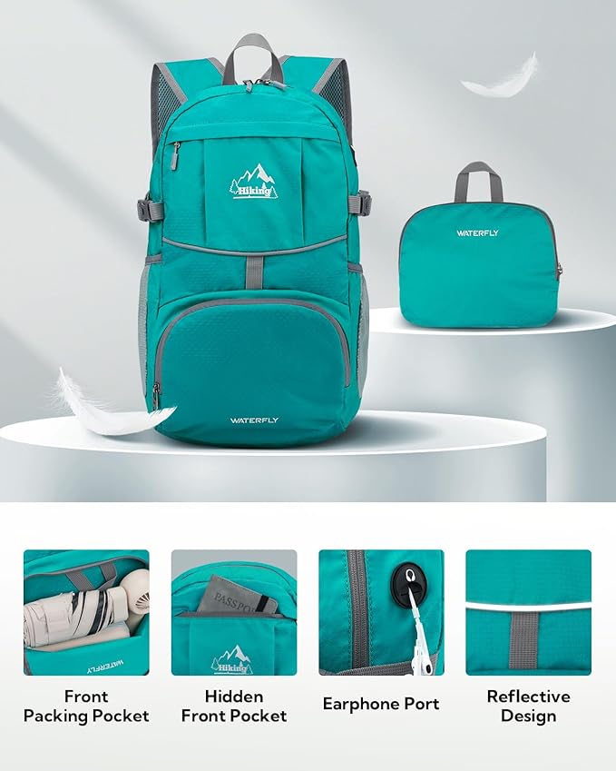 WATERFLY Hiking Foldable Daypack Backpack: 25L Ultra Lightweight Waterproof Day Pack for Woman Man