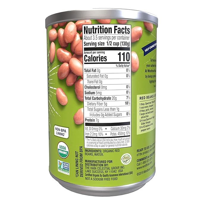 WESTBRAE 15 oz Natural Organic Red Beans, No Salt Added, Source of Plant Based Protein and Fiber