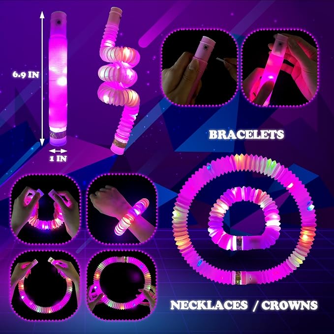 24 PCS Pink Glow Sticks Party Favors for Kids, Light Up Necklaces Bracelets Accessories for