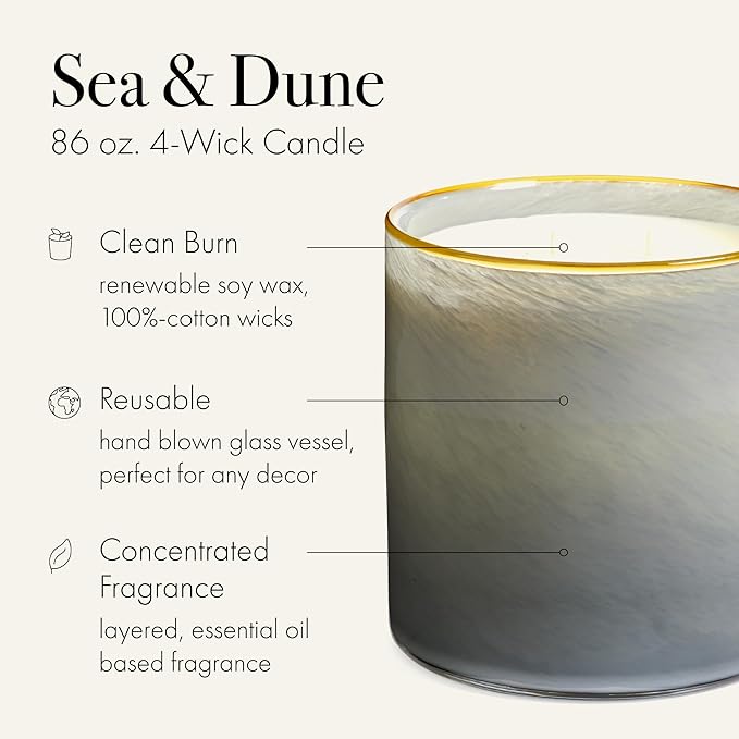 LAFCO New York Luxe 4-Wick Candle, Sea & Dune - 86 oz - 200-Hour Burn Time - Reusable, Hand Blown