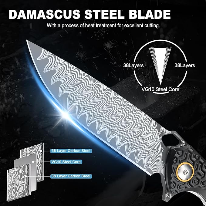 Damascus Pocket Knife for Men Women, 3.35" VG10 Core Damascus Steel Blade Folding Knives with Black