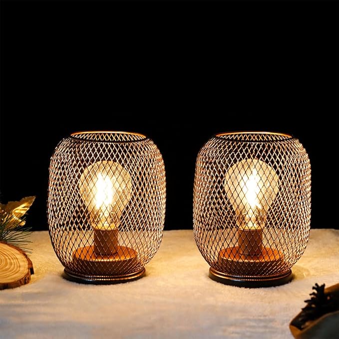 TRIROCKS Set of 2 Battery Operated Lamp LED Table Lantern, Metal Cage Cordless Lamps with LED Bulb