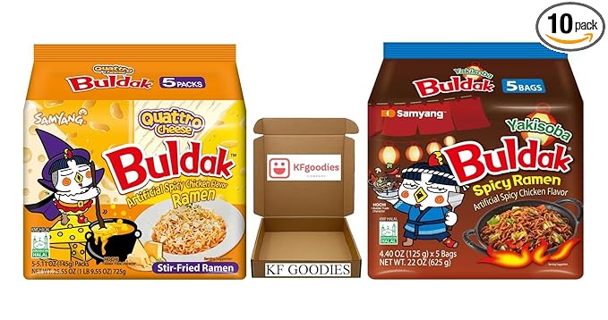 KF GOODIES Korean Ramen Variety Pack Gift Box (10 Count) – Spicy Buldak Noodle Assortment for